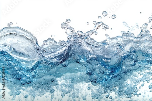 Water wave with bubbles on a white background, isolated, banner, mockup, template, close-up.