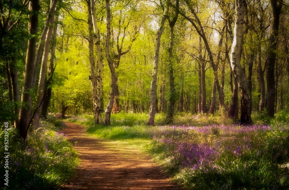 Naklejka premium path in the forest, spring in the forest, blooming bluebells