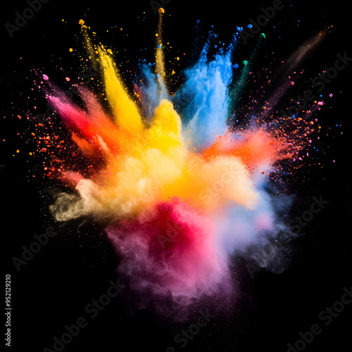 Dynamic multi-color powder explosion against a striking, high-contrast background image 