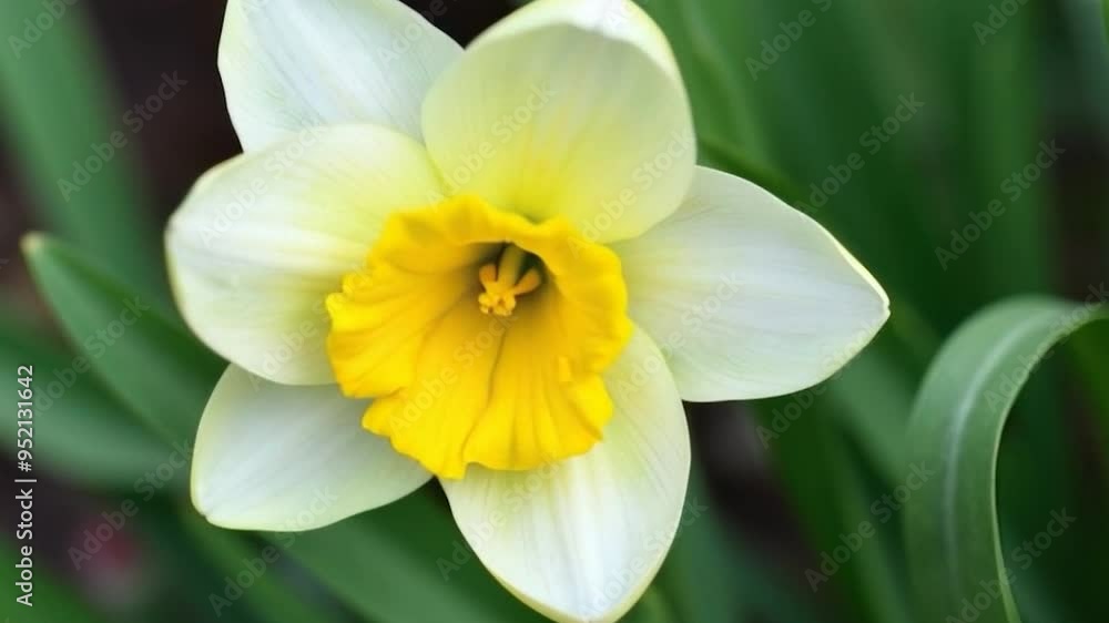 close up yellow white daffodil flower green leaves spring bloom nature garden smooth camera movement motion video close up yellow white daffodil flower green leaves spring bloom nature garden smooth camera movement motion video