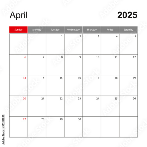 Wall calendar template for April 2025. Holiday and event planner, week starts on Sunday.