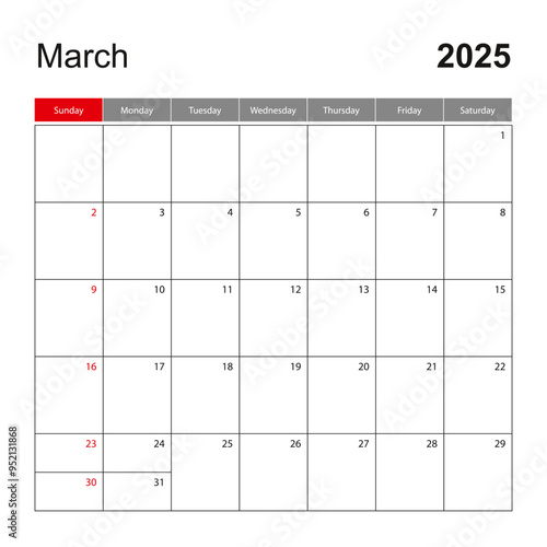 Wall calendar template for March 2025. Holiday and event planner, week starts on Sunday.