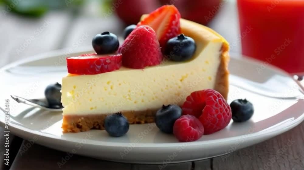 delicious tasty slice of cheesecake with fresh berries on white plate blurred background smooth pan motion video delicious tasty slice of cheesecake with fresh berries on white plate blurred background smooth pan motion video