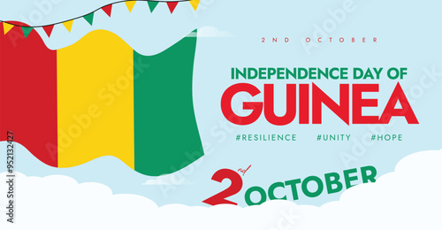 Guinea Independence Day. 2nd October Independence day of Guinea celebration banner, web page, post design with its flag. The country gained freedom from France on October 2, 1958. 