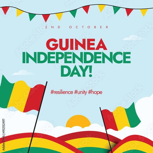Guinea Independence Day background, banner, post design. 2nd October Independence day of Guinea celebration banner with its flags, abstract art elements in flag colours. Freedom conceptual post design