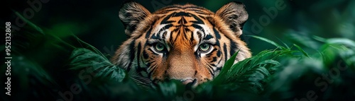 A close-up view of a majestic tiger peering through lush green foliage in a captivating jungle setting. photo