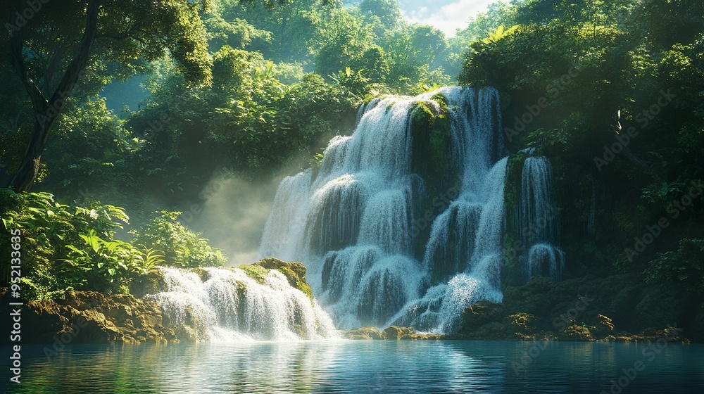 Lush tropical haven with a cascading waterfall and pristine waters wallpaper Lush tropical haven with a cascading waterfall and pristine waters wallpaper