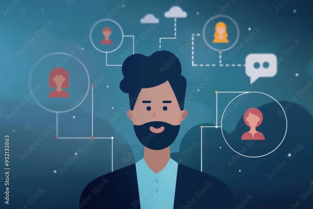 AI-powered CRM system interface. Customer profiles orbit central database with predictive analytics graphs and automation workflows. Visualization of intelligent customer relationship management. AI-powered CRM system interface. Customer profiles orbit central database with predictive analytics graphs and automation workflows. Visualization of intelligent customer relationship management.