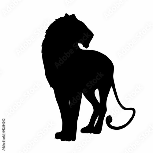 Black vector silhouette of a wild lion, a majestic mammal, isolated on white background