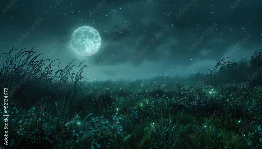 Naklejka premium Enchanting night scene with a full moon illuminating a lush meadow, surrounded by stars and fireflies under a dark, cloudy sky.