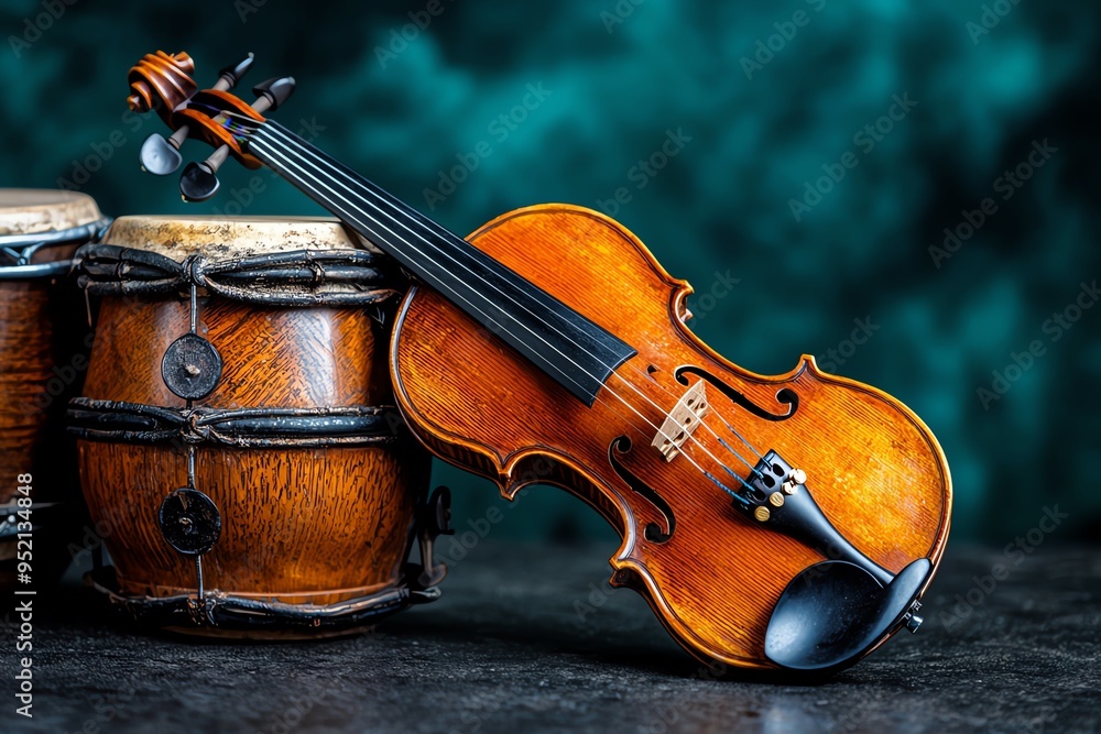 Fototapeta premium A beautiful violin paired with traditional drum instruments, showcasing the harmony of string and percussion in music.
