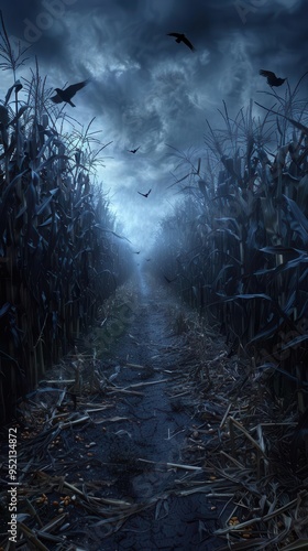 Eerie night scene of a narrow dirt path through a dark cornfield with a misty, ominous atmosphere and crows flying overhead.