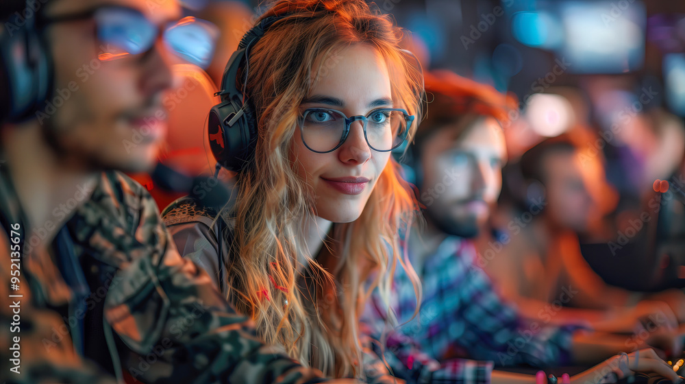 close-up woman looking monitor gaming group of people sitting playing games at online game store close-up woman looking monitor gaming group of people sitting playing games at online game store