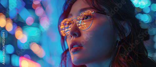 Close-up of woman's face wearing glasses looking at technology screen, led screen light