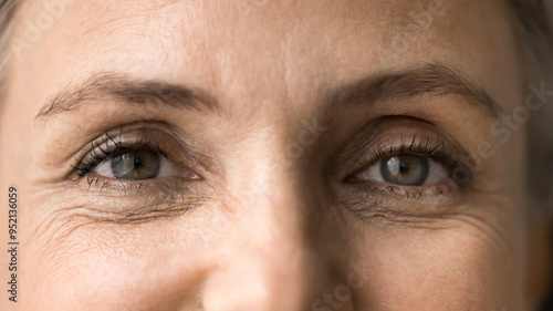 Canvastavla Close up view, upper face part of older pretty woman eyes, with signs of aging, advertises anti-wrinkles cream or cosmetology treatment to prevent fine lines under eyes