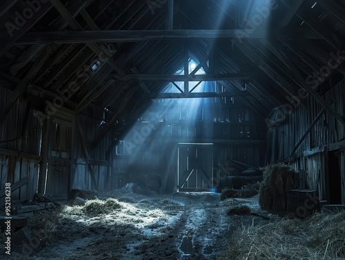 Sunlight streaming through the rafters of an old, rustic barn, illuminating hay strewn across the dirt floor.