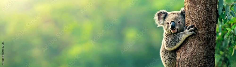 Fototapeta premium A cute koala clings to a tree, surrounded by lush greenery, showcasing the beauty of wildlife in its natural habitat.
