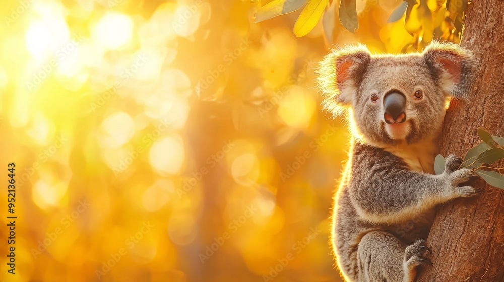 Fototapeta premium A cute koala perched on a tree, surrounded by warm autumn colors, basking in the gentle sunlight. Perfect for nature lovers.