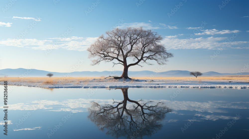 Minimalist landscape, a lonely tree at the lake in late autumn Minimalist landscape, a lonely tree at the lake in late autumn