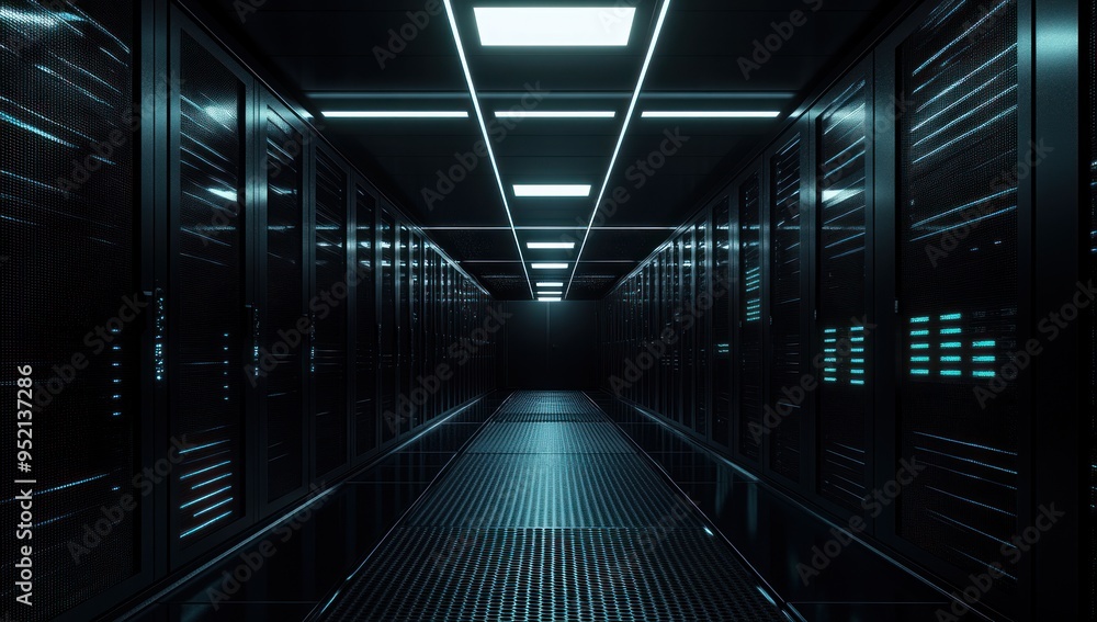 3D render of a dark server room with black and blue colors, long perspective 3D render of a dark server room with black and blue colors, long perspective