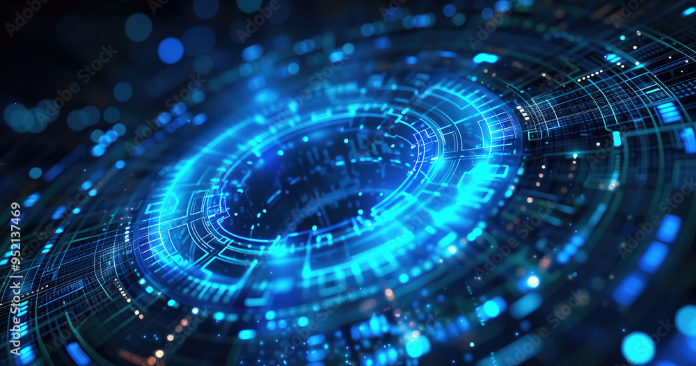 Fototapeta premium Abstract technology background, blue neon glowing circular, ring shapes.