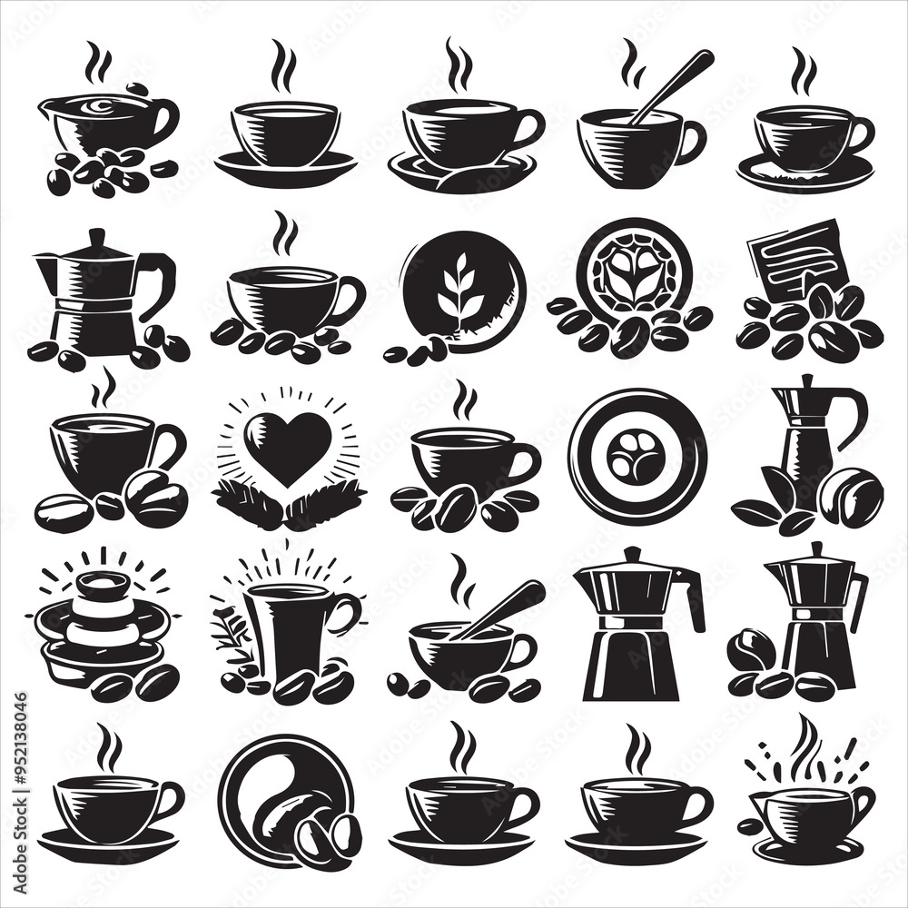 Obraz premium Coffee Beans Black silhouette vector in white background 
