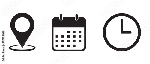 Date, Time, location, address icon set. Location, Calendar, Clock vector, silhouette design for app, logo, website. Vector illustration.