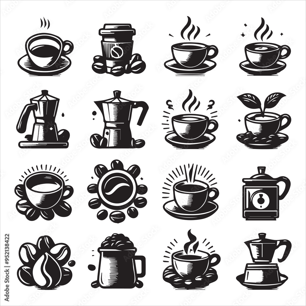 Fototapeta premium Coffee Beans Black silhouette vector in white background 