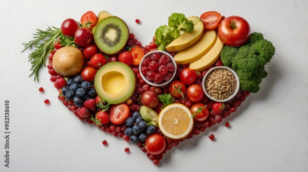 Heart shaped of colorful fruits and vegetables on white background. Health and nutrition concept. Heart shaped of colorful fruits and vegetables on white background. Health and nutrition concept.