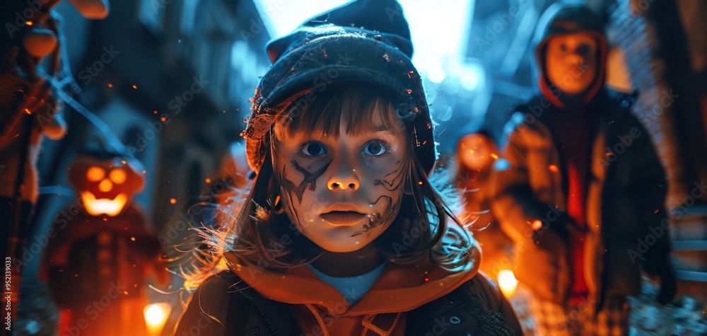 A young child dressed in a Halloween costume stands in a spooky, dimly lit alley with glowing pumpkins and flickering lanterns behind them.