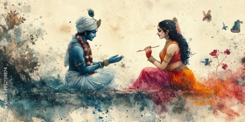 Divine Romance: Abstract Radha Krishna Wall Art in Vibrant Watercolors. Elegant Hindu Couple Poster for Modern Spiritual Decor. Minimalist Religious Design with Textured Red-Blue Palette, Perfect for 