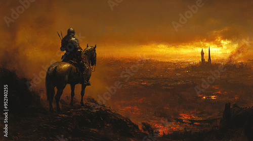 A lone knight surveys a fallen kingdom consumed by flames.