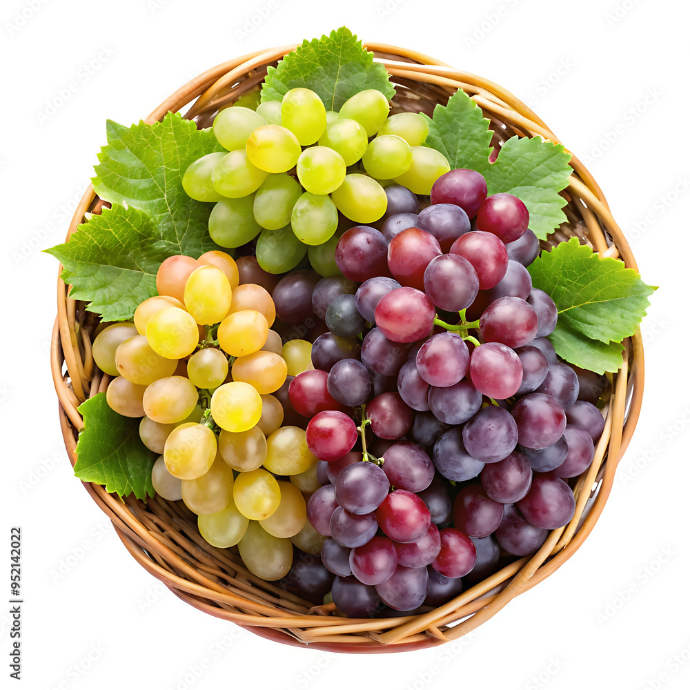 Grapes in a wicker basket high angle view isolated on a white background; Grapes in a wicker basket high angle view isolated on a white background;