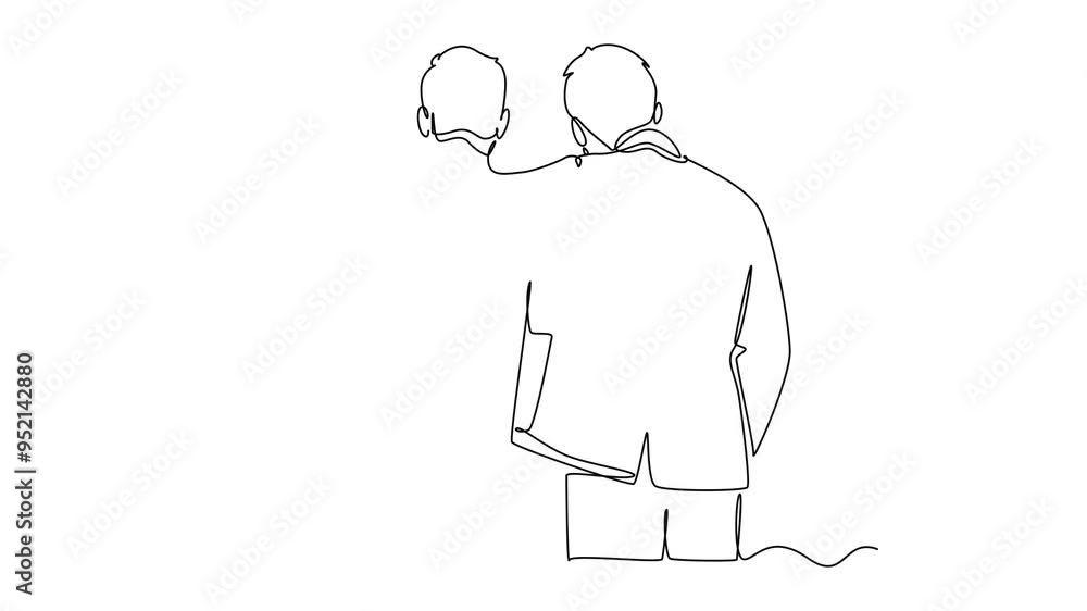 Animated self drawing of continuous line draw back view of young happy businessmen hugging each other to show support when meeting at the office. Business friendship. Full length single line animation