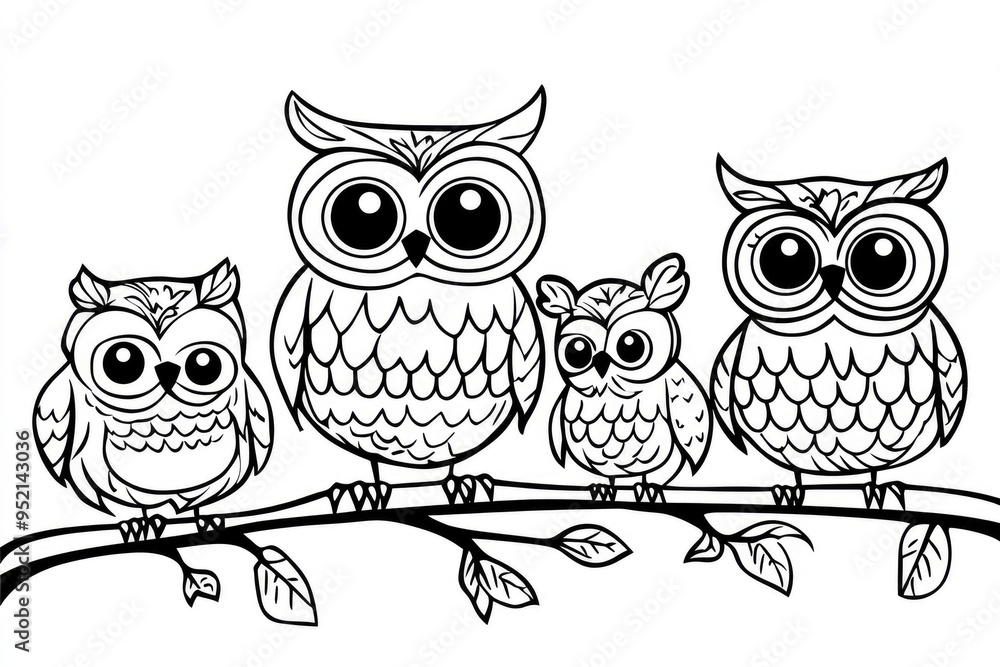 Fototapeta premium Delightful owl family awaits little artists in this charming coloring book design perfect for kids' creative fun and imaginative playtime