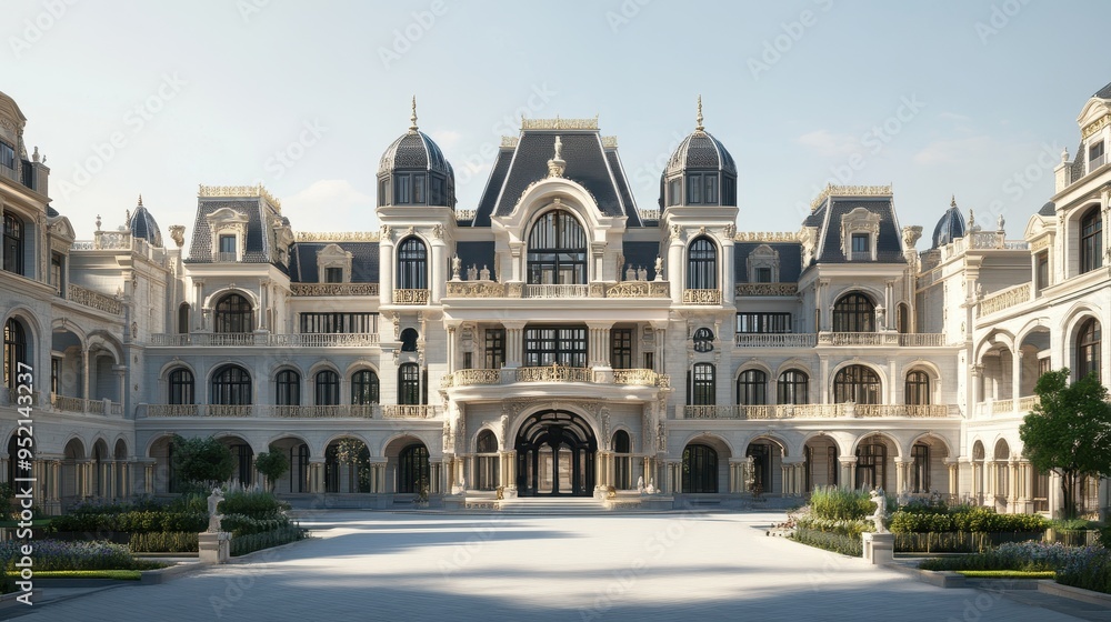 A grand architectural mansion featuring intricate design and spacious courtyard. A grand architectural mansion featuring intricate design and spacious courtyard.