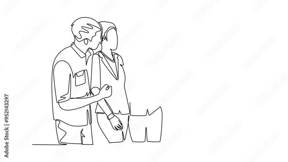 Self drawing animation of single line draw of young happy male and female employees standing together and posing to hug each other at office. Business friendship. Continuous line. Full length animated Self drawing animation of single line draw of young happy male and female employees standing together and posing to hug each other at office. Business friendship. Continuous line. Full length animated