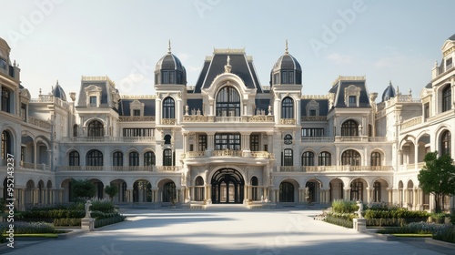 A grand architectural mansion featuring intricate design and spacious courtyard.