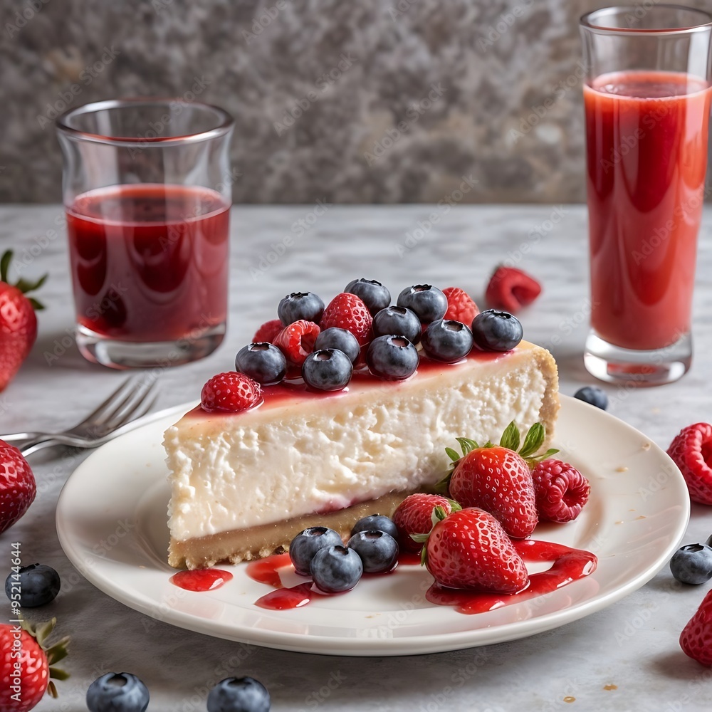 A slice of cheesecake with strawberries, blueberries and raspberries on top of a white plate. A glass of red juice is next to the plate. A slice of cheesecake with strawberries, blueberries and raspberries on top of a white plate. A glass of red juice is next to the plate.