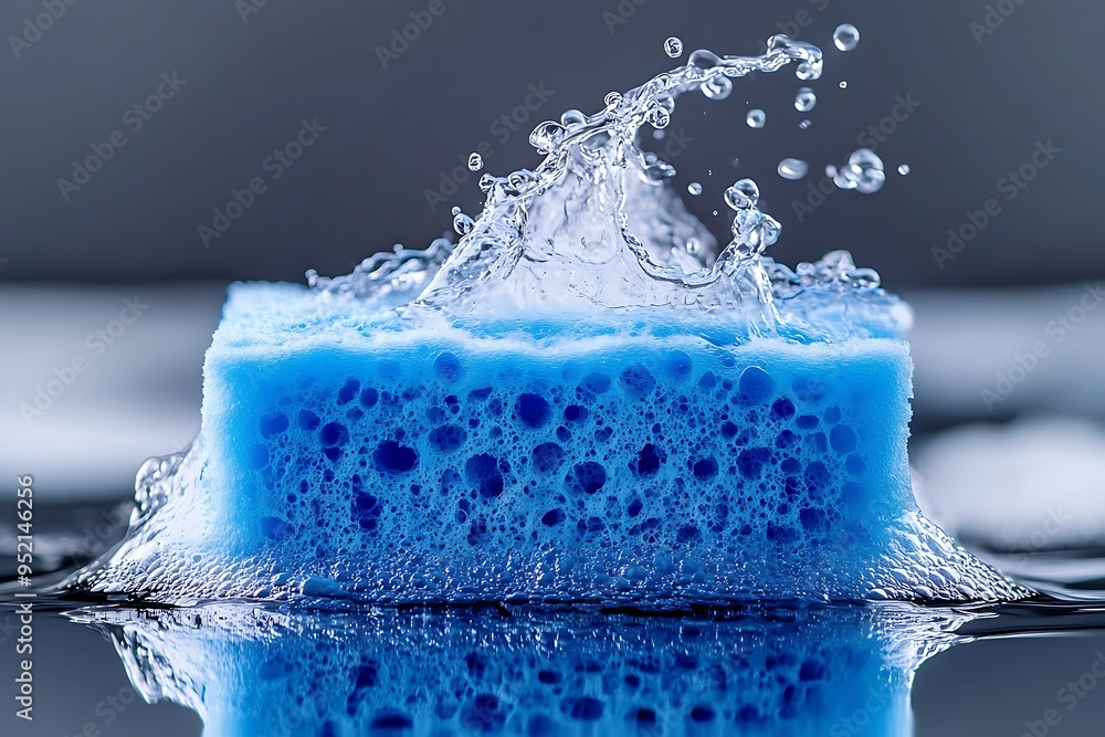 A blue sponge actively soaking up spilled water A blue sponge actively soaking up spilled water