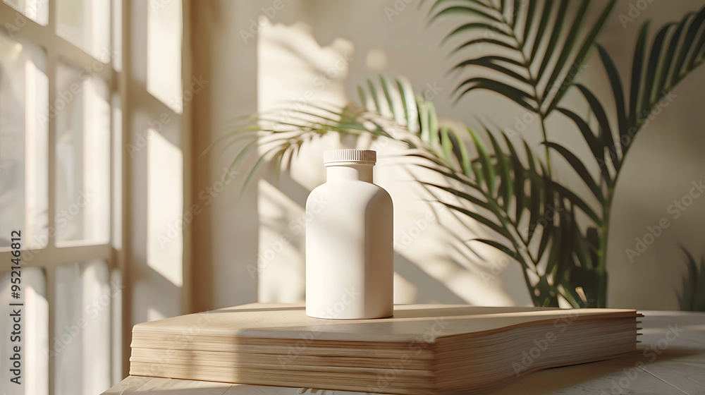A white bottle sits on a stack of books in the warm glow of sunlight streaming through a window. A white bottle sits on a stack of books in the warm glow of sunlight streaming through a window.
