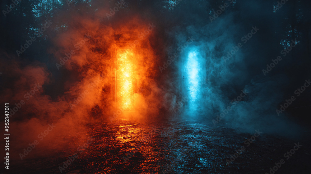 Obraz premium An image depicting the concept of life's choices, with two doors emitting smoke and light, symbolizing the decision-making process and the uncertainty of one's chosen path.