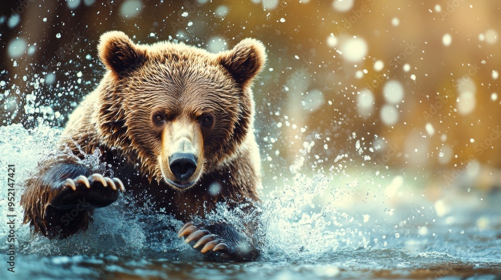 Obraz premium A majestic bear splashes through the water, showcasing its strength and beauty in a natural setting. Perfect for wildlife photography enthusiasts.