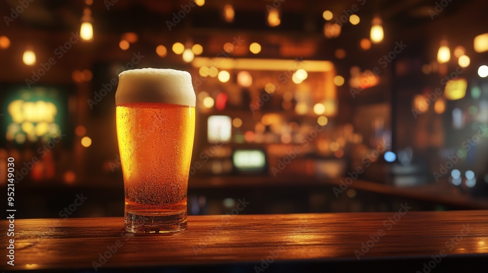 Frothy Glass of Cold Beer on Wooden Bar Counter in Dimly Lit Bar Frothy Glass of Cold Beer on Wooden Bar Counter in Dimly Lit Bar