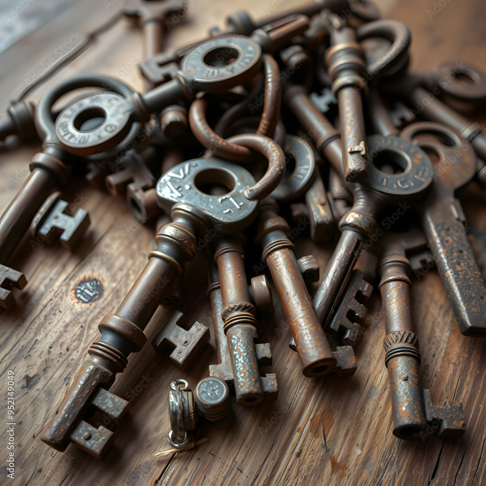 A collection of antique keys resting on a weathered wooden table A collection of antique keys resting on a weathered wooden table