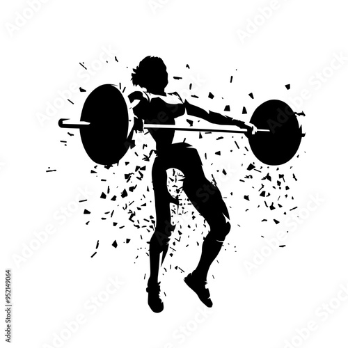 Weightlifting squats, strong woman litfs big barbell, isolated vector silhouette. Ink drawing