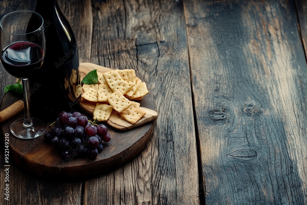 Fototapeta premium Composition with wine and snack on wooden background generative ai