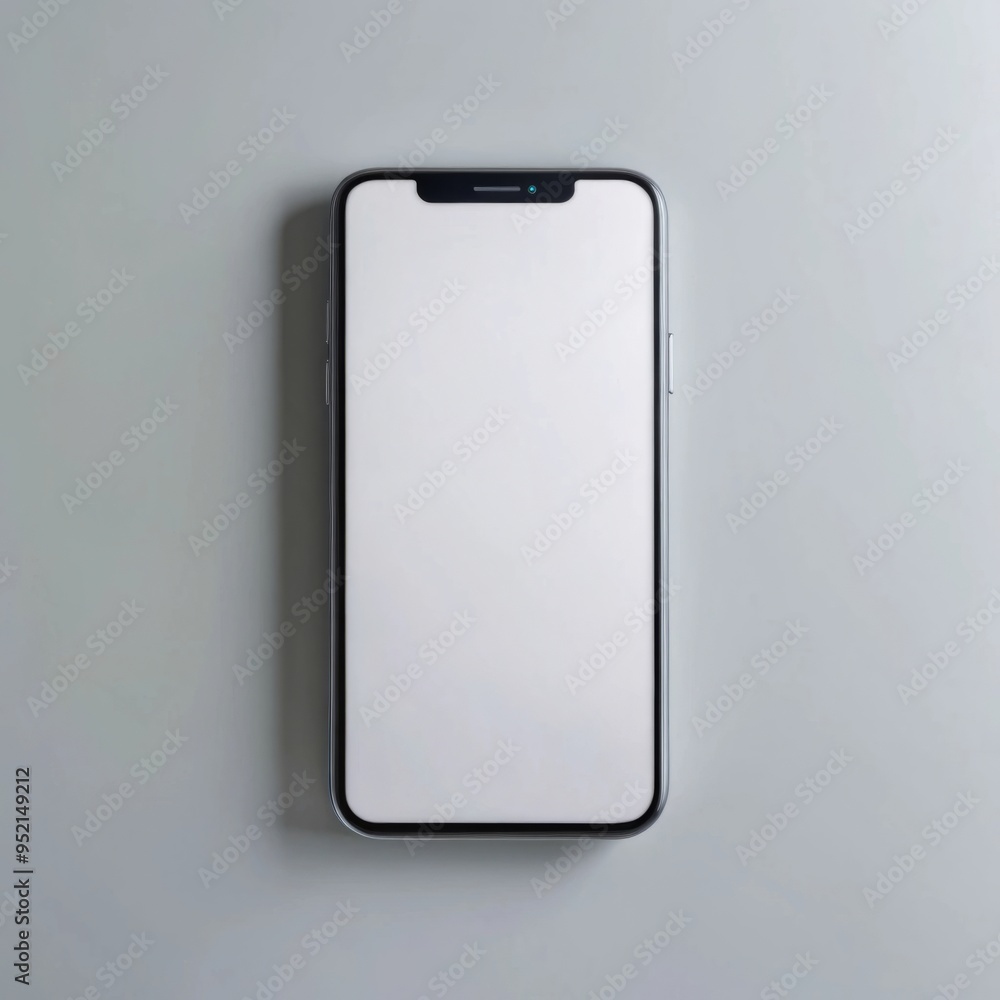 A sleek smartphone with a black frame and a blank white screen lies flat on a minimalist, light grey surface. A sleek smartphone with a black frame and a blank white screen lies flat on a minimalist, light grey surface.