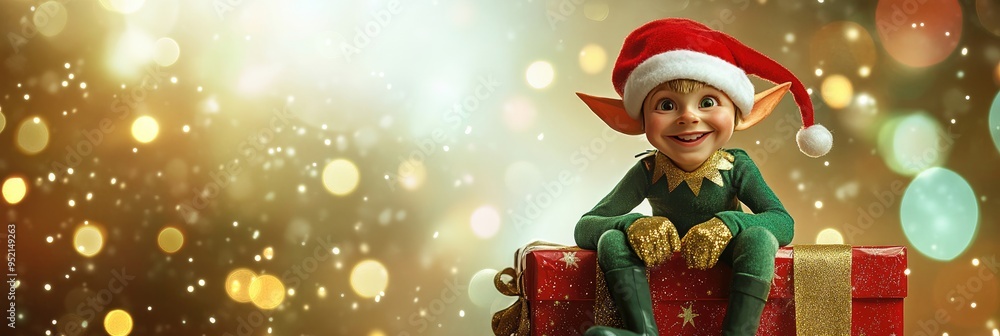 Cheerful elf sitting on a big present with a mischievous grin Cheerful elf sitting on a big present with a mischievous grin