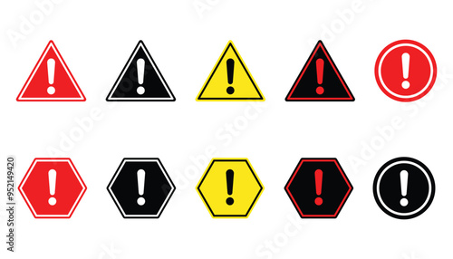 Attention Icon Set. Danger Caution or Alert Risk Warning Vector Symbol in a black filled and outlined style.